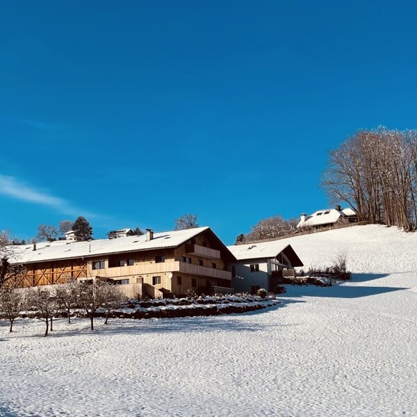 Außenansicht des Bauernhofs mit Holzfassade und Balkonen, umgeben von schneebedeckten Feldern und Bäumen unter blauem Himmel.