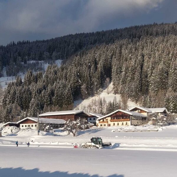 Der Bauernhof in einer verschneiten Winterlandschaft mit angrenzendem Wald und einer Loipe.