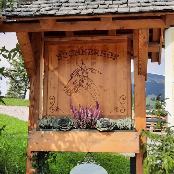 Hölzernes Schild des Bauernhofs "Buchnerhof" mit geschnitztem Pferdemotiv und dekorativen Pflanzen.