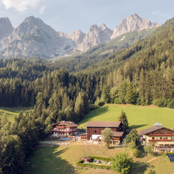Der Bauernhof mit seinen Gebäuden liegt eingebettet in grüne Wiesen, umgeben von Wäldern und Bergen.