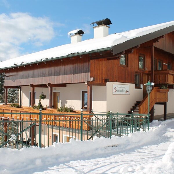 Das Äußere des Bauernhofs mit Holzbalkonen, einer Holzfassade im oberen Bereich und schneebedecktem Dach in winterlicher Landschaft.