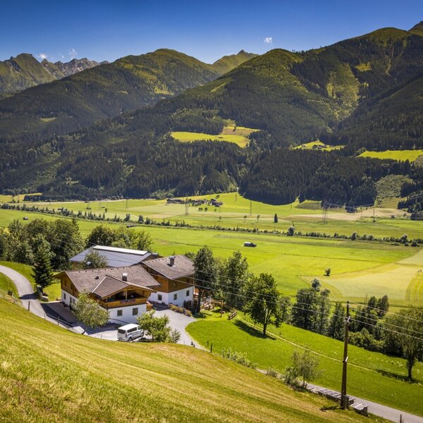 Der Bauernhof Hinterbichl liegt inmitten grüner Wiesen und Wälder mit Bergblick.