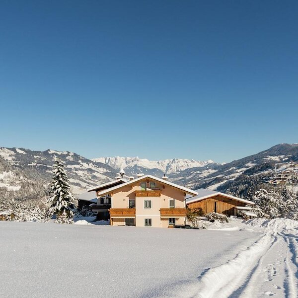 The farmhouse in a snow-covered mountain landscape, with an adjacent wooden building and clear blue skies.