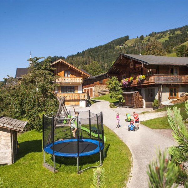 Der weitläufige Außenbereich des Bauernhofs bietet einen Spielplatz mit Trampolin und viel Grünfläche zum Spielen, umgeben von einer Berglandschaft.