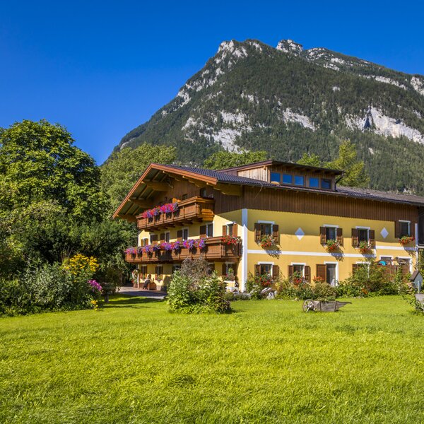 Der Bauernhof mit gelber Fassade, holzverzierten Balkonen mit Blumenkästen und einem Garten, vor einer Berglandschaft.
