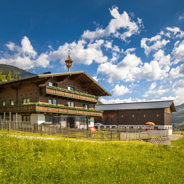 Außenansicht des Bauernhofs mit dem traditionellen Holzgebäude, blumengeschmückten Balkonen und einem Wirtschaftsgebäude, eingebettet in grüne Wiesen mit Bergblick.