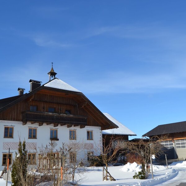 The Vorderreithbauer organic farm house and its surrounding buildings, pictured in a snow-covered landscape.