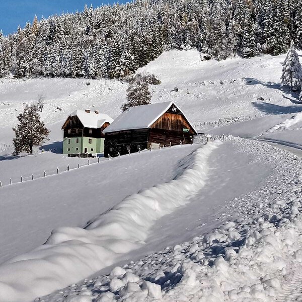 Der Hof und ein Nebengebäude in einer tief verschneiten Winterlandschaft mit Wald und Bergkulisse.