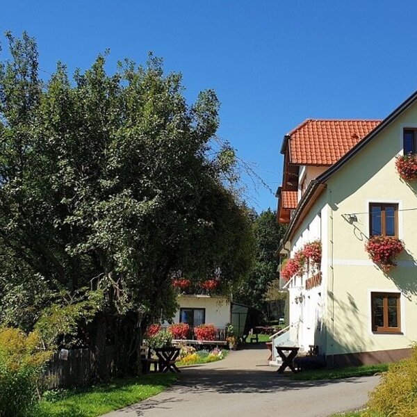 The Farm House exterior features a light yellow facade, red tiled roofs, and windows with flower boxes, set against a backdrop of mountains and greenery.
