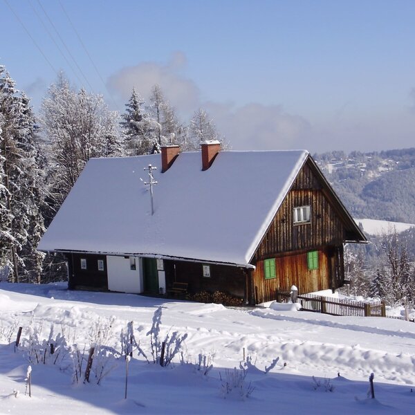 Das schneebedeckte Bauernhaus mit Holzfassade und grünen Fensterläden in der Winterlandschaft.