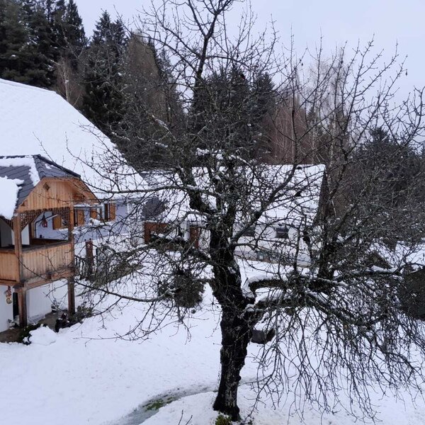 The snow-covered Farm House exterior featuring a traditional wooden balcony.