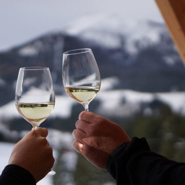Two hands holding white wine glasses with a view of snowy mountains from the farmhouse.