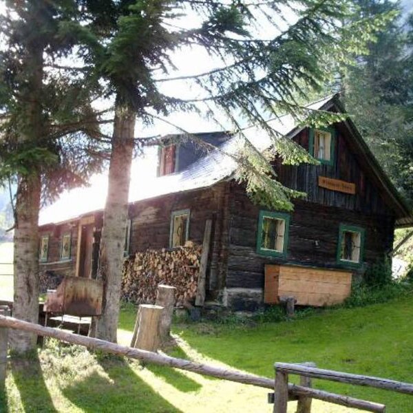 The wooden farmhouse exterior, featuring green window frames, stacked firewood, and surrounding trees in a natural setting.