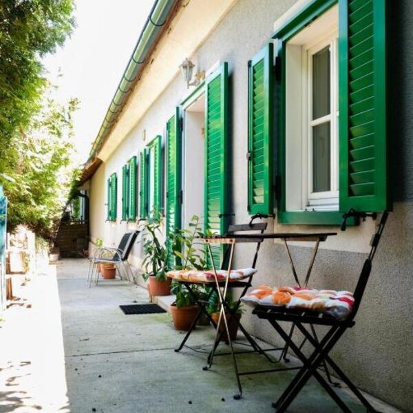 The patio area of the farm house, offering outdoor seating with a table and chairs, bordered by windows with green shutters and potted plants.