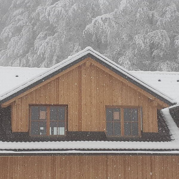 The farm house exterior with wooden siding and dormer windows, covered in snow during a winter snowfall against a backdrop of snow-covered trees.