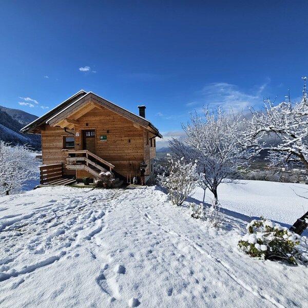 The exterior of the wooden farmhouse during winter, with snow-covered trees and a view of the surrounding mountains.