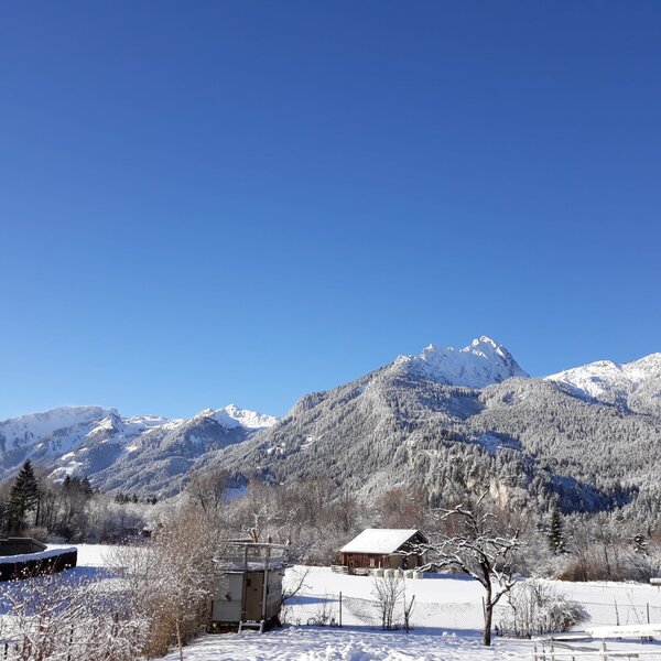 The snow-covered mountainous landscape and clear blue sky surrounding the farm house.