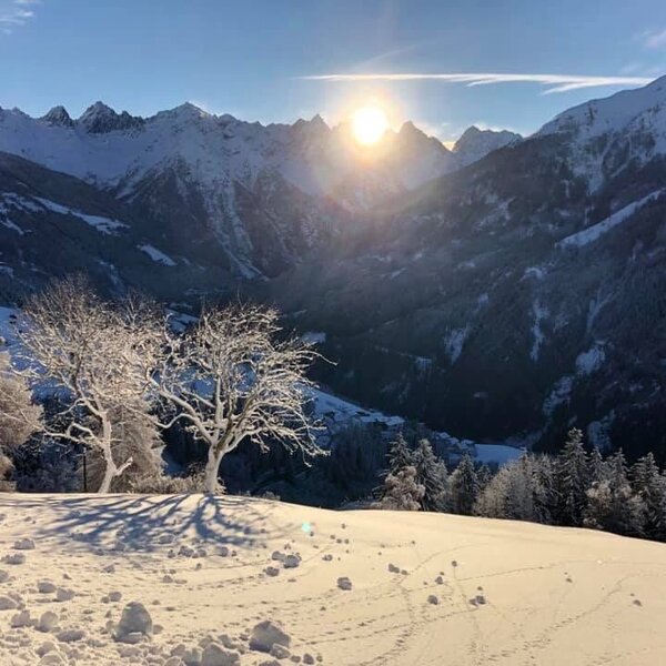 Der winterliche Ausblick auf die Berge und das obere Inntal vom Bauernhof, mit verschneiten Bäumen im Vordergrund.