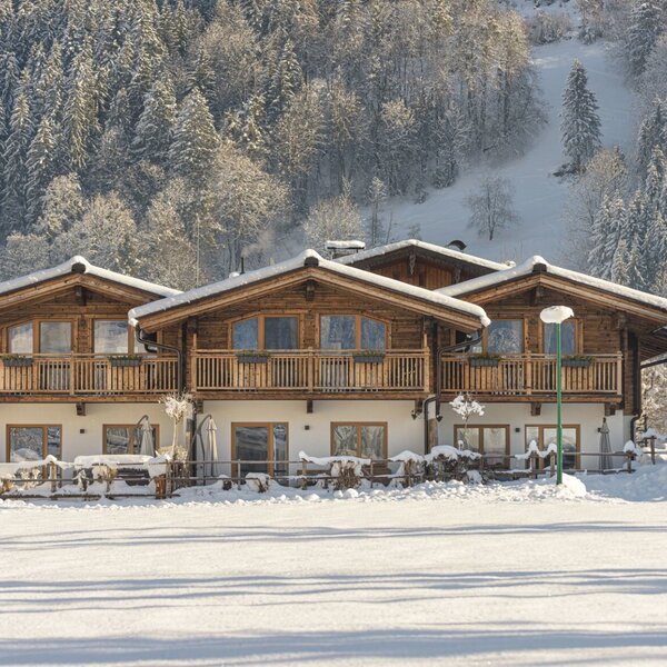 Die Chalets mit Holzbalkonen vor der Kulisse einer schneebedeckten Berglandschaft mit Skipiste.