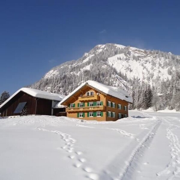 The wooden Farm House, featuring green shutters and balconies, and an adjacent building, are covered in snow with mountains in the background.