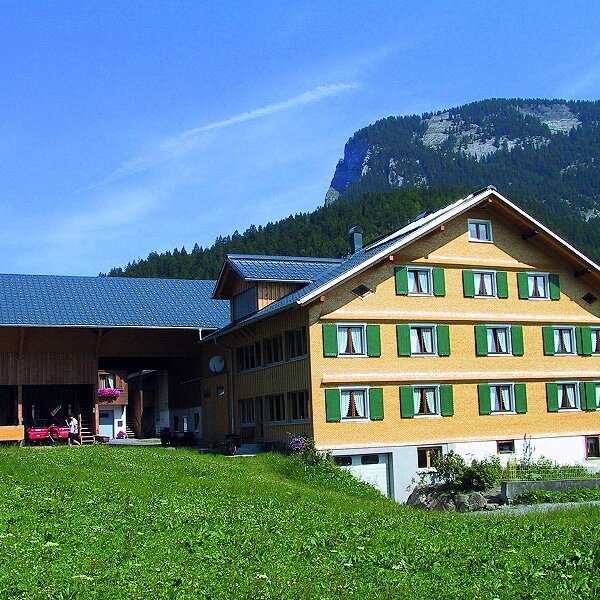 Der Bauernhof Rusch mit seinem Hauptgebäude und dem angrenzenden Stallbereich, vor einer Bergkulisse.