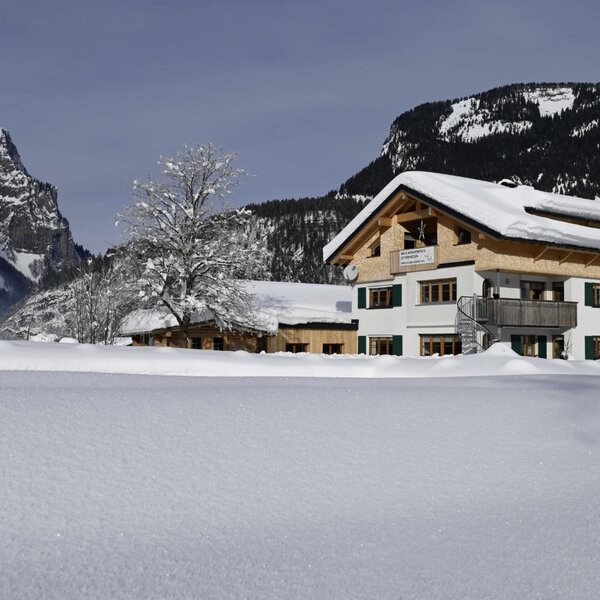 Haus Bergquell im Winter 2021. Apartments im Bregenzerwald.