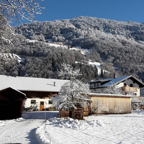Bauernhof in winterlicher Landschaft mit Blick zum Schigebiet Silvretta Montafon