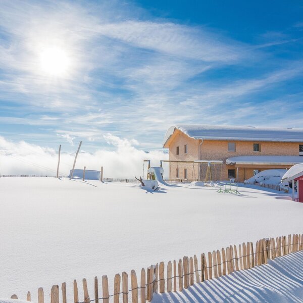 Der schneebedeckte Außenbereich des Bauernhofs mit Kinderspielplatz inklusive Rutsche, Schaukeln und einem kleinen roten Spielhaus, umgeben von einem Holzzaun unter strahlendem Winterhimmel.