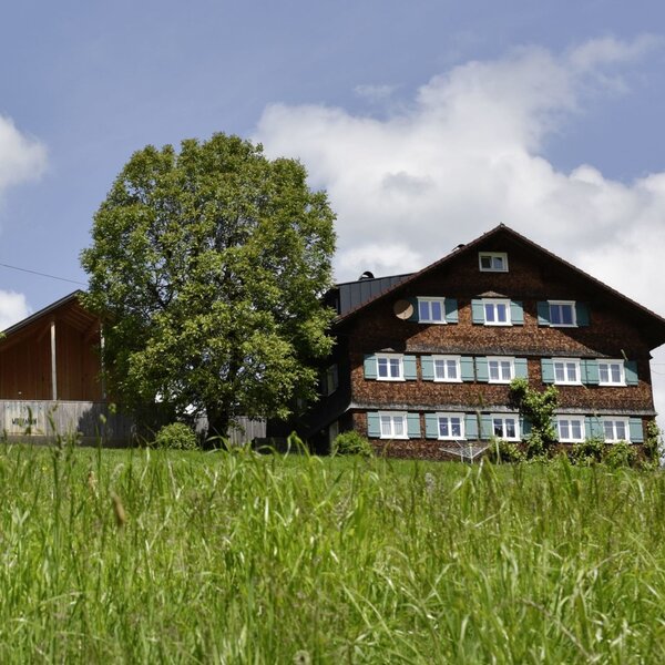 The farm house exterior features wooden siding and green shutters, with an adjacent covered wooden structure on a grassy hillside.